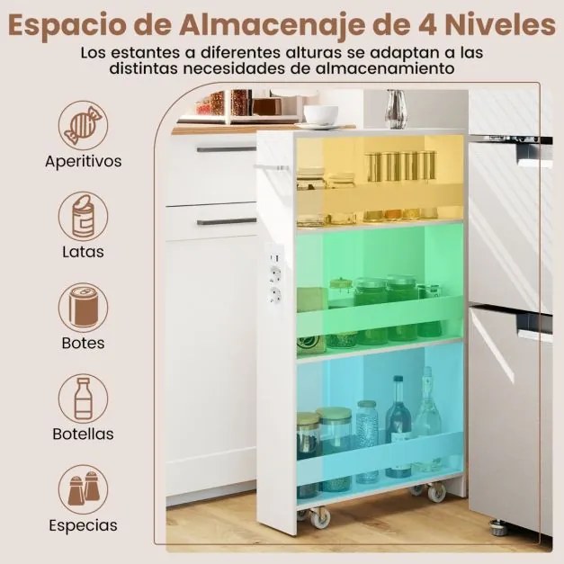 Carrinho cozinha estreito 47,5 x 13 x 80,5 cm com estação de carregamento de 4 níveis com rodas bloqueáveis Branco