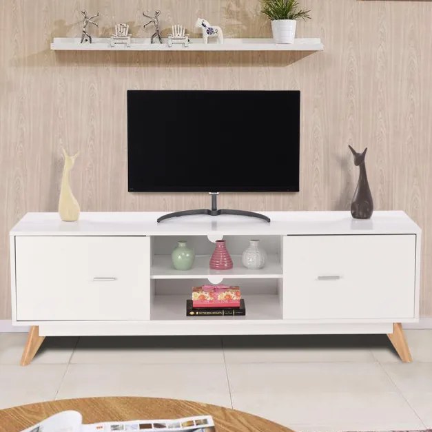 Armário de TV com Mesa Console de 60" com 2 Portas Centro de Entretenimento com Suportes de Gerenciamento Pernas de Madeira 140 x 40 x 48 cm Branco