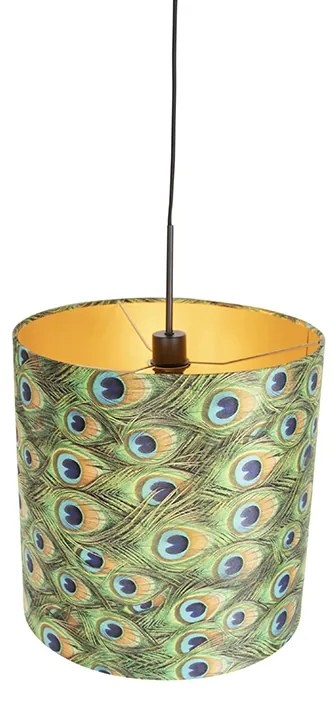 Candeeiro de suspensão com abajur de veludo azul-petróleo com dourado 40 cm - Combi Clássico / Antigo
