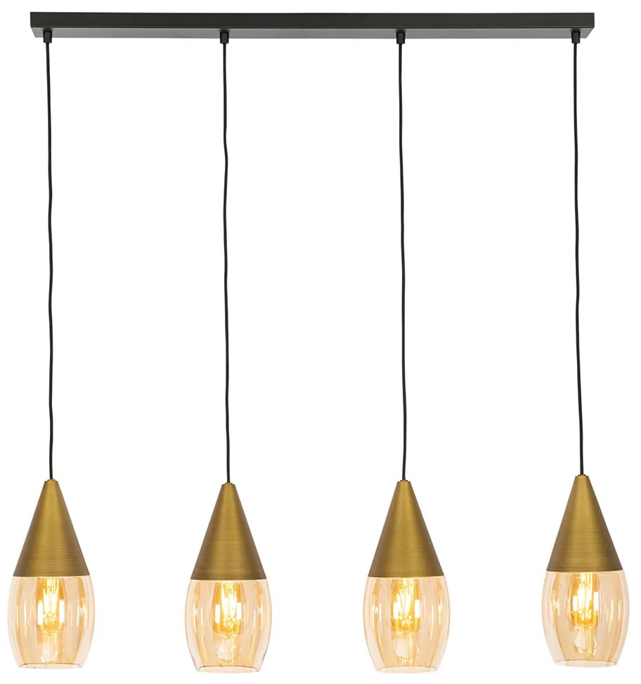 Candeeiro suspenso moderno dourado com vidro âmbar 4 luzes - Drop Moderno