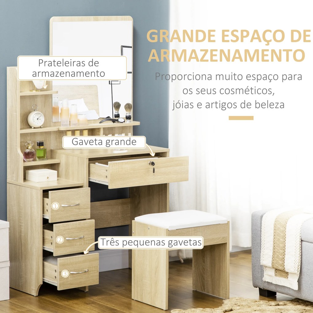 Toucador de Maquilhagem com Banco Espelho 4 Gavetas 4 Compartimentos de Armazenamento Estilo Moderno 80x38x143 cm Madeira