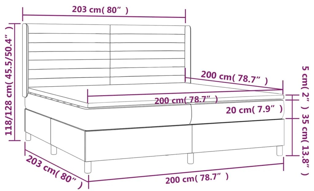 Cama box spring c/ colchão/LED 200x200cm veludo cinzento-escuro