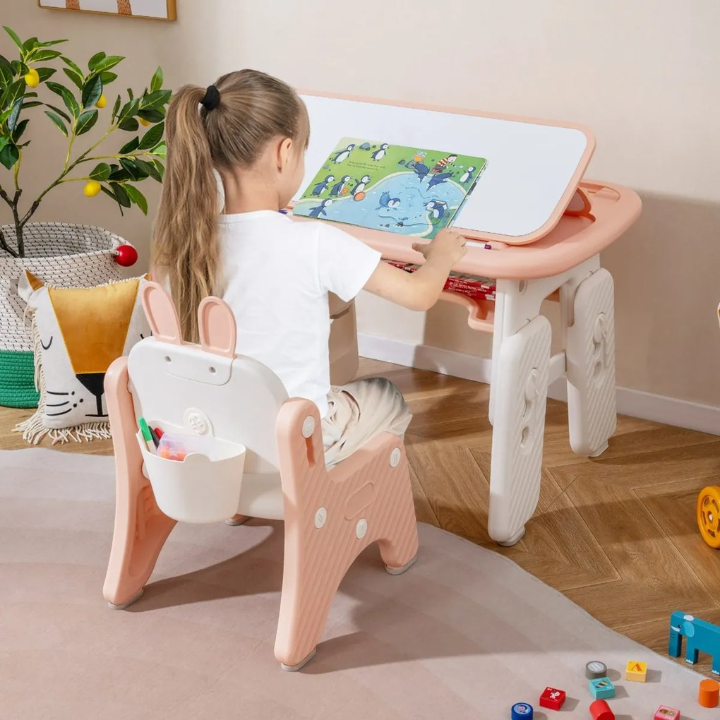 Conjunto de mesa e cadeira para crianças pequenas com estante, tampa rebatível, quadro magnético apagável e 3 alturas ajustáveis para desenhar, cor ro
