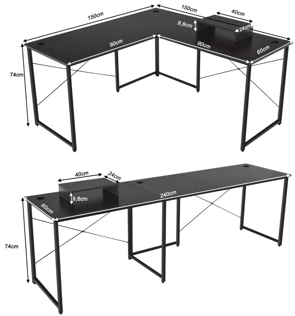 Secretária Mesa de computador de canto reversível em forma de L para computador com furos para cabos para casa escritório 150 x 150 x 74 cm Preta