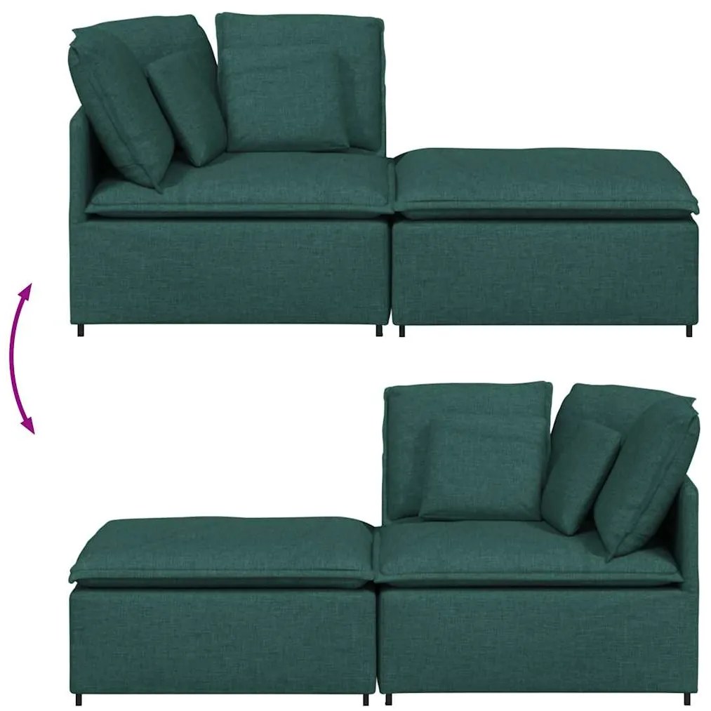 Sofá modular com pufes e almofadas tecido verde-escuro