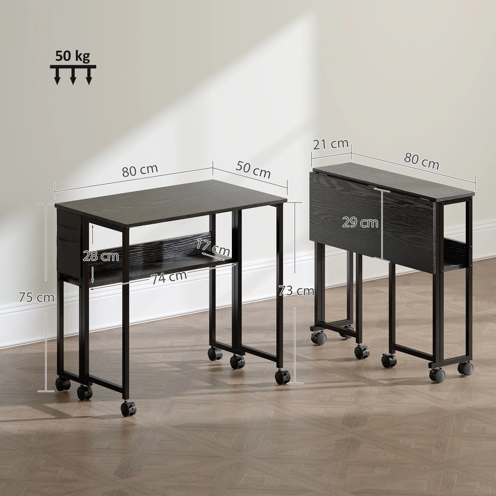 Secretária Dobrável com Rodas Prateleira e Bolso de Armazenamento Ideal para Espaços Pequenos 80x50x75 cm Preto