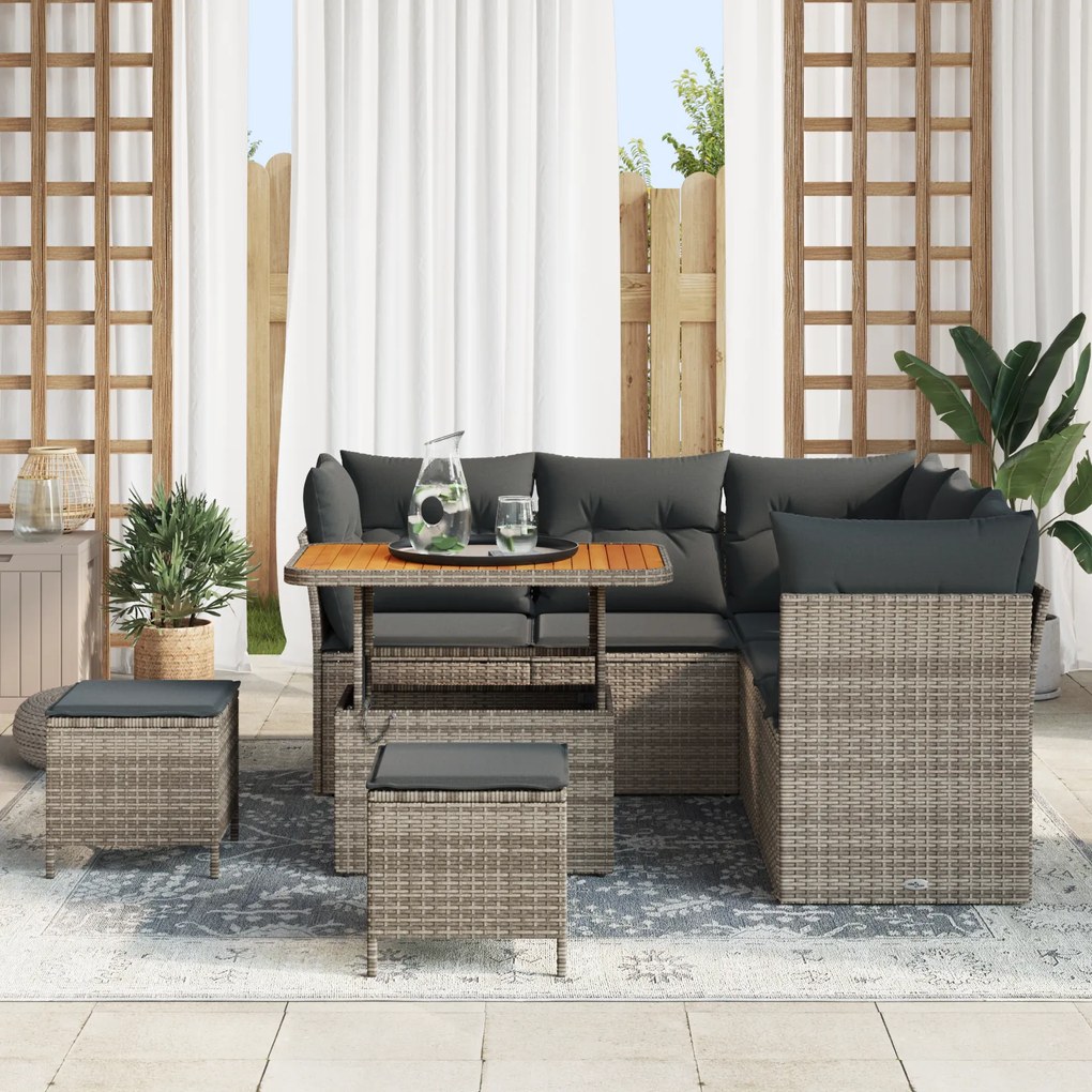 Conjunto de Sofás de Jardim com Almofadas Cinza Rattan de Polietileno