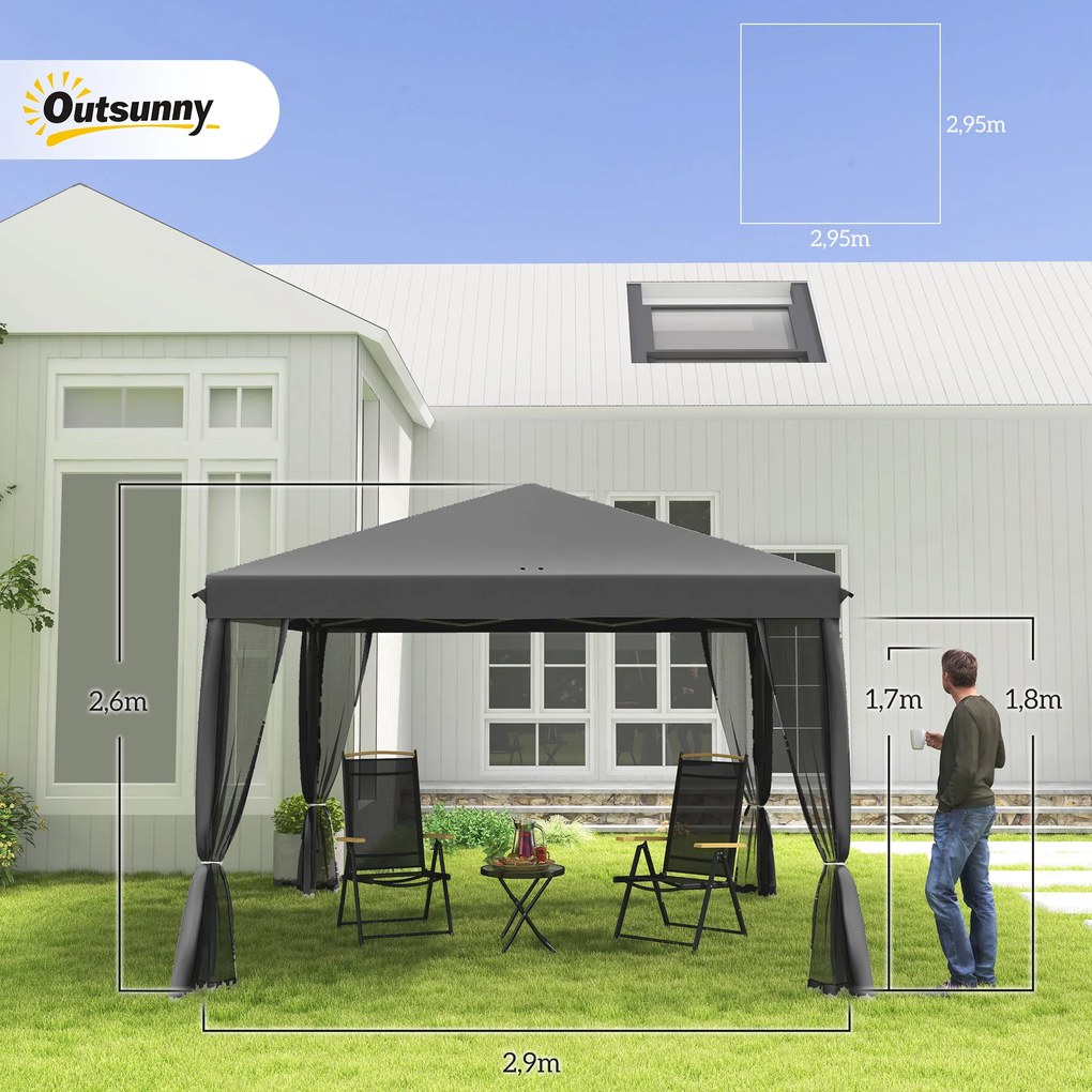 Tenda pop-up dobrável 3 x 3 m com 4 redes mosquiteiras + saco de transporte cinzento