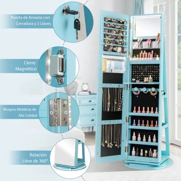 Armário joias giratório com Espelho de corpo inteiro 360° com luzes LED Prateleiras de armazenamento 54,5 x 161 cm Azul