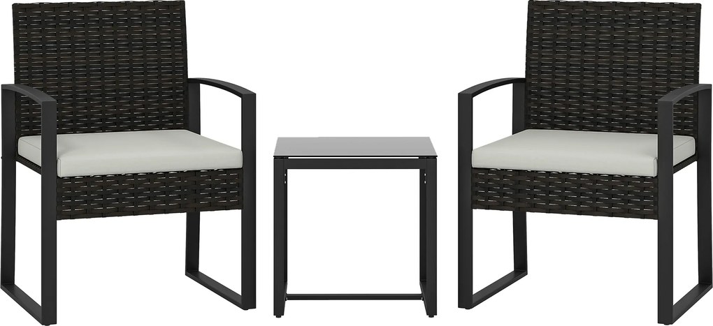Outsunny Conjunto de Móveis de Jardim de 3 peças em Vime PE com Cadeiras Mesa de Vidro Temperado e Almofadas Castanho e Creme | Aosom Portugal