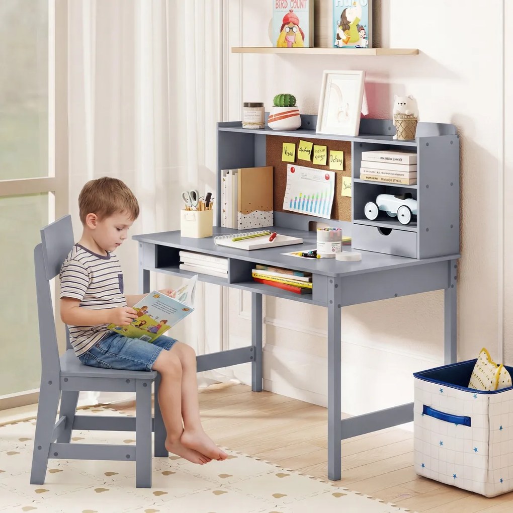 Conjunto de secretária e cadeira infantil em madeira com prateleira de cortiça, estação de computador para quarto, escola, Cinzenta