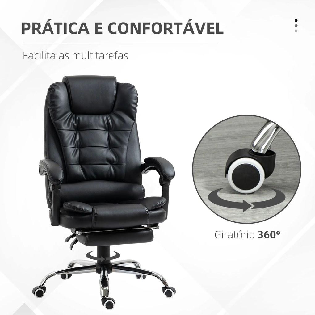 Cadeira de Escritório Reclinável Cadeira Executiva Giratória com Altura Ajustável Estofada em PU 64,5x69x109-117 cm Preto