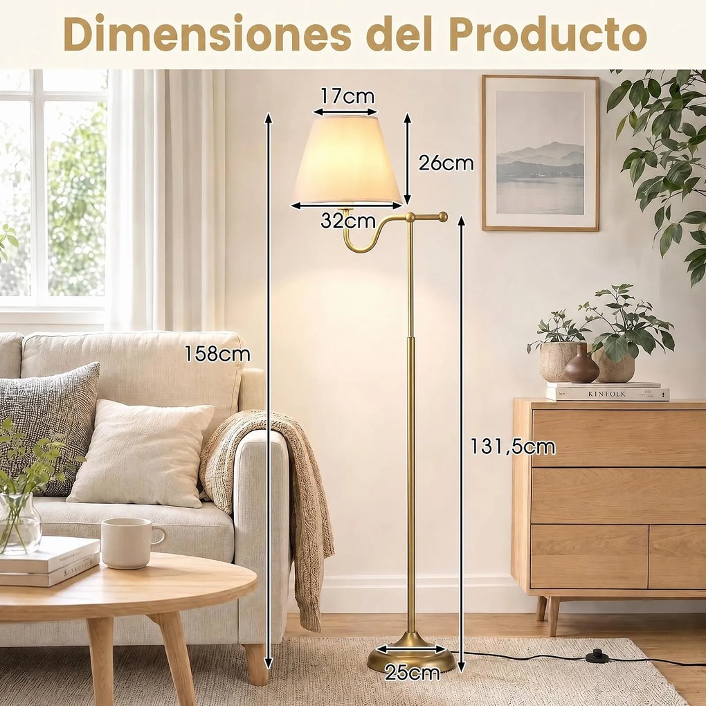 Candeeiro de Pé, Braço Ajustável 25 x 158 cm, Dourado