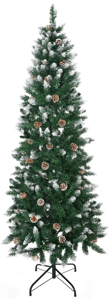 HOMCOM Árvore de Natal Artificial Nevada 180 cm com 508 Ramos 49 Pinhas Base Dobrável e Suporte de Aço Ø73x180 cm Verde e Branco