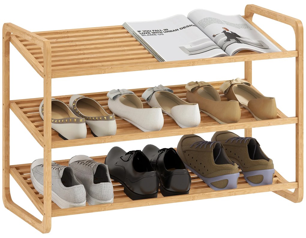 Sapateira de 3 Níveis Estante para Sapatos em Bambu para 12 Pares de Sapatos 76x33x50,8 cm Madeira