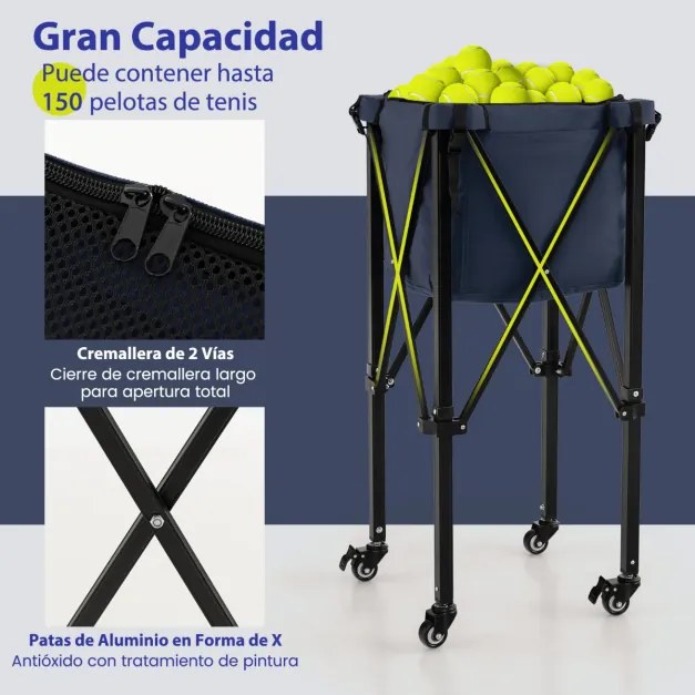 Carrinho de bola de tênis dobrável com rodas de cesta de alumínio leve saco removível capacidade 150 bolas Azul