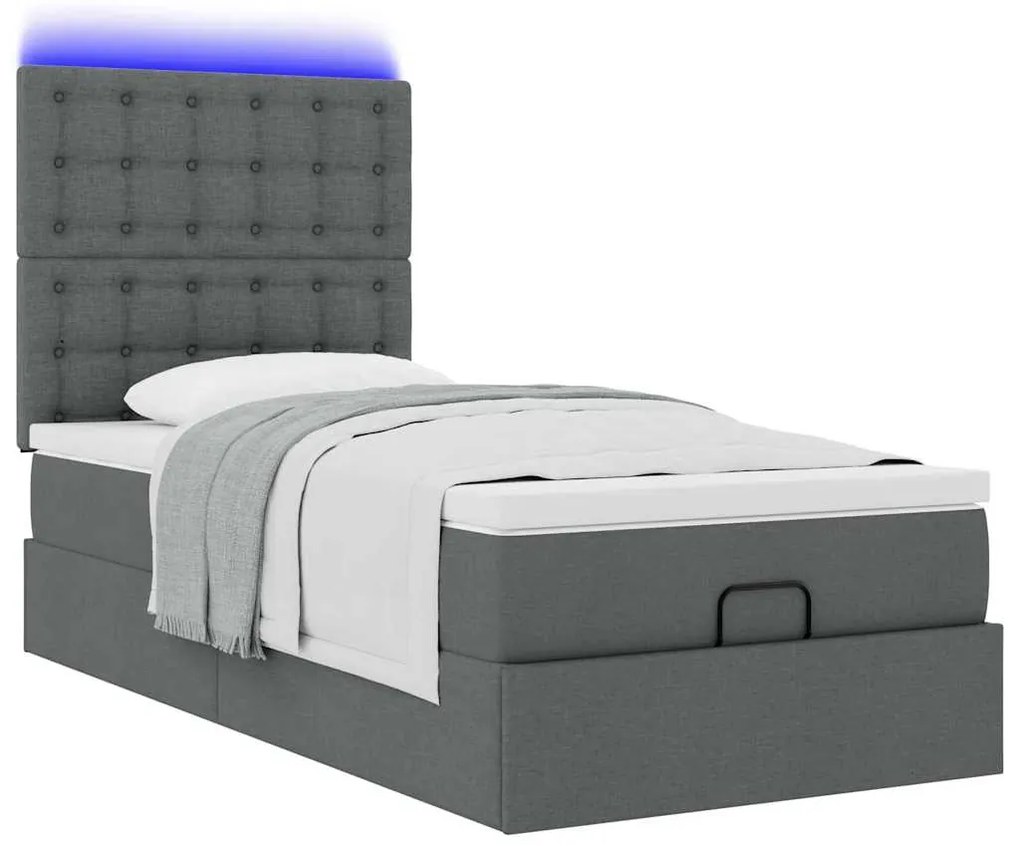 Cama otomana com colchão & LEDs 90x200cm tecido cinzento escuro