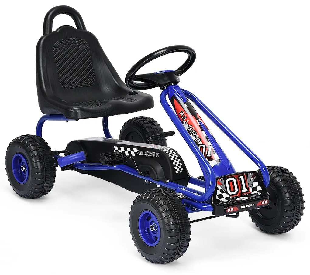 Kart infantil de pedais com 4 rodas antiderrapantes assento envolvente e travão de mão 92 x 50 x 53 cm azul