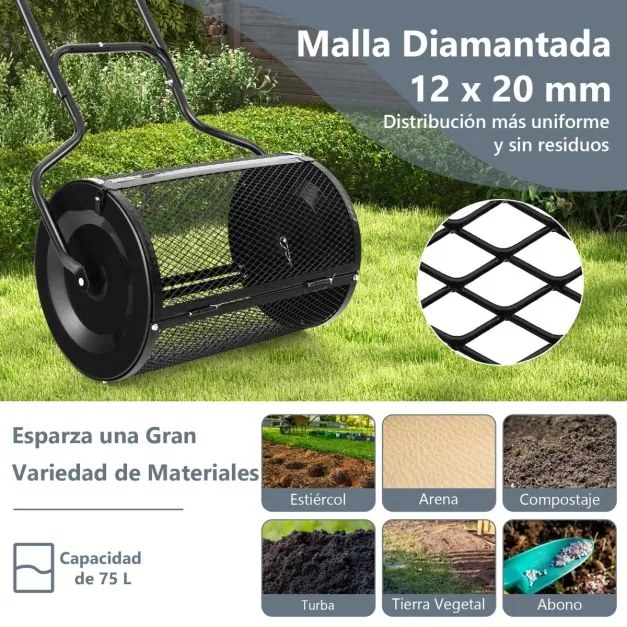 Rolo Espalhador de jardim metálico com trincos laterais melhorados e pega em forma de U para relvados de jardim 68 x 41 x 123 cm Preto