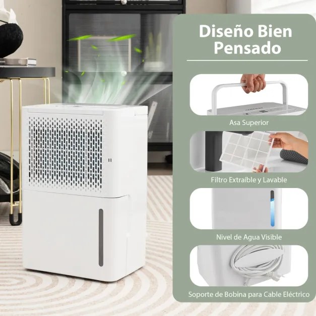Desumidificador 12 L Silencioso e Eficiente com Temporizador de Secagem Automático em Modo Contínuo 27 x 20,5 x 40,5 cm Branco