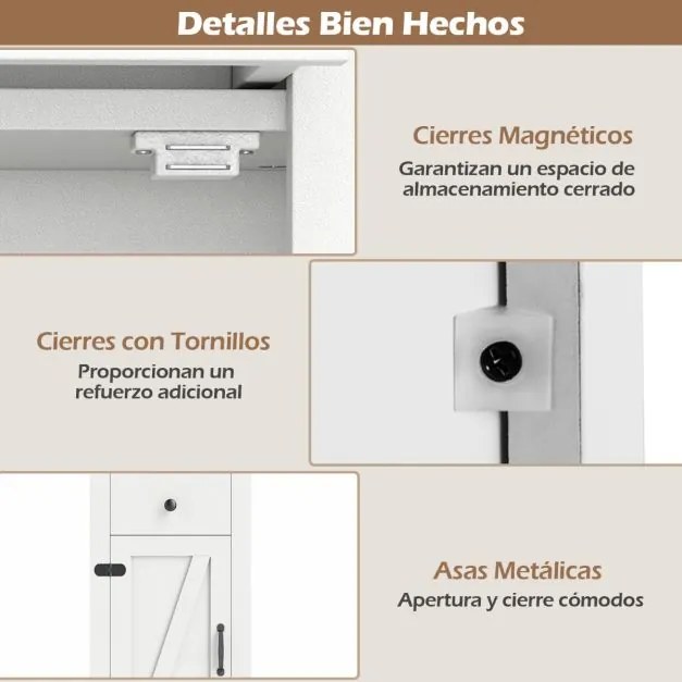 Armário casa de banho ou cozinha estreito 40 x 24 x 173 cm com porta de celeiro, gaveta e prateleira ajustável Branco