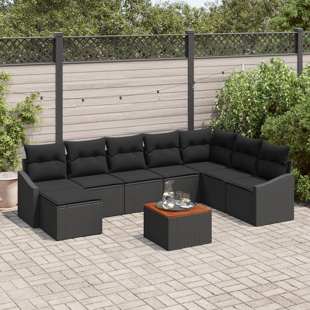 Conjunto de Sofá de Jardim com 9 Peças e Almofadas Preto Vime Acácia