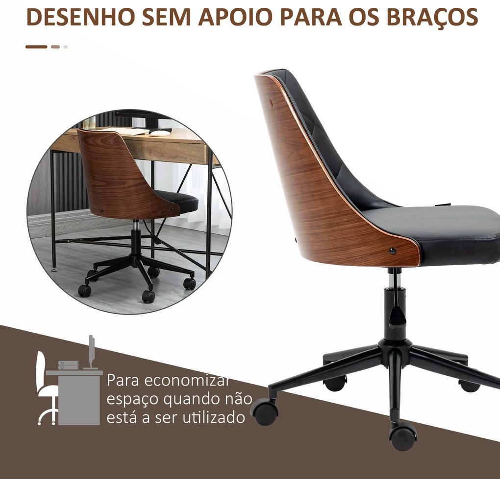 Cadeira de Escritório Giratória Cadeira de Escritório Ergonómica Estofada em Couro PU com Altura Ajustável Função de Inclinação para Sala de Estar Estúdio Dormitório 54x54,5x76-86cm Preto e Nogueira