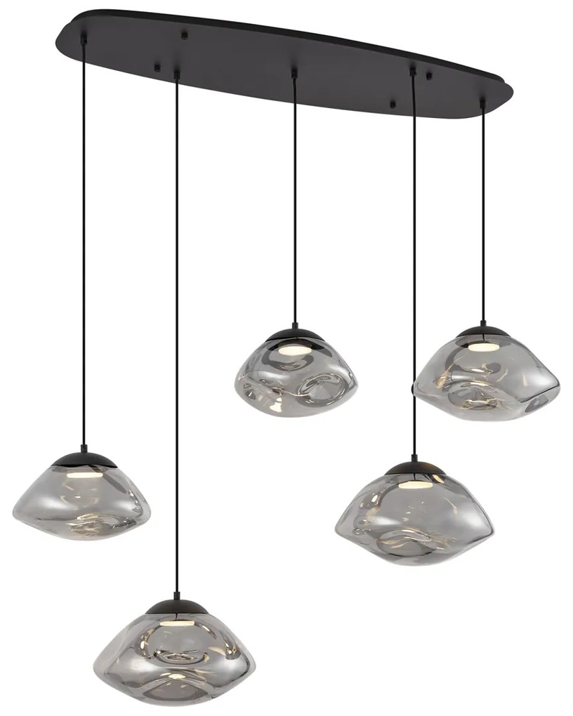 Candeeiro suspenso de design preto com vidro fumado 5-luzes - Gus Design