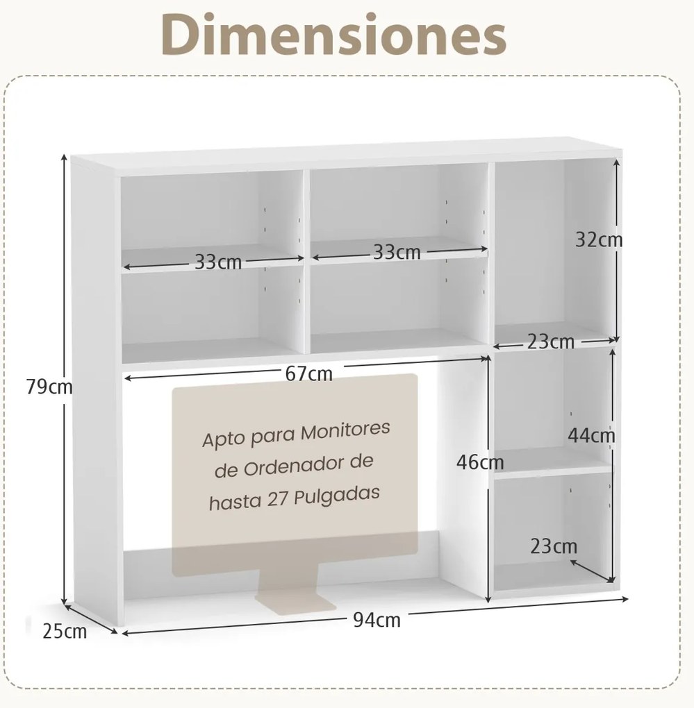 Estante de secretária 94 x 25 x 79 cm com 3 prateleiras ajustáveis e compartimento aberto para monitores até 27" para casa e escritório Branco