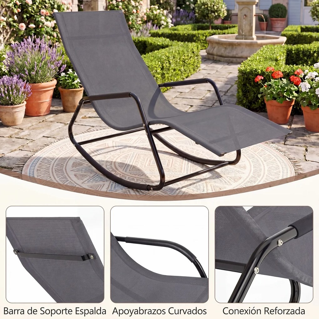 Cadeira baloiço com braços e Estrutura metálica – Poltrona de relaxamento para pátio ou terraço, cinzenta