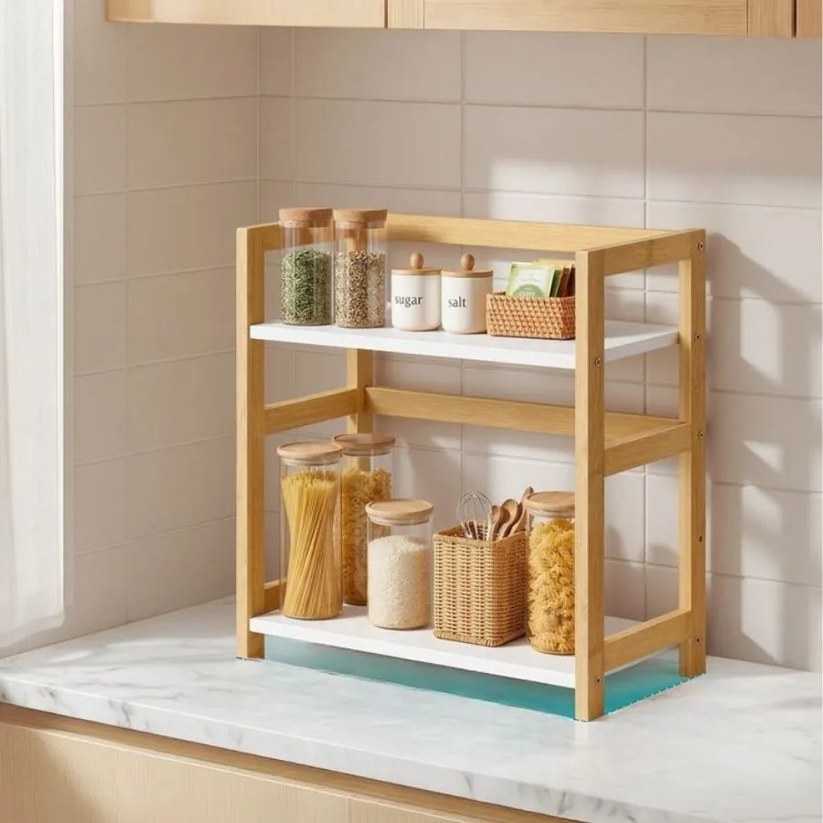 Estante para especiarias com 2 níveis 18,6 x 41 x 41 cm, em bambu bege natural e branco