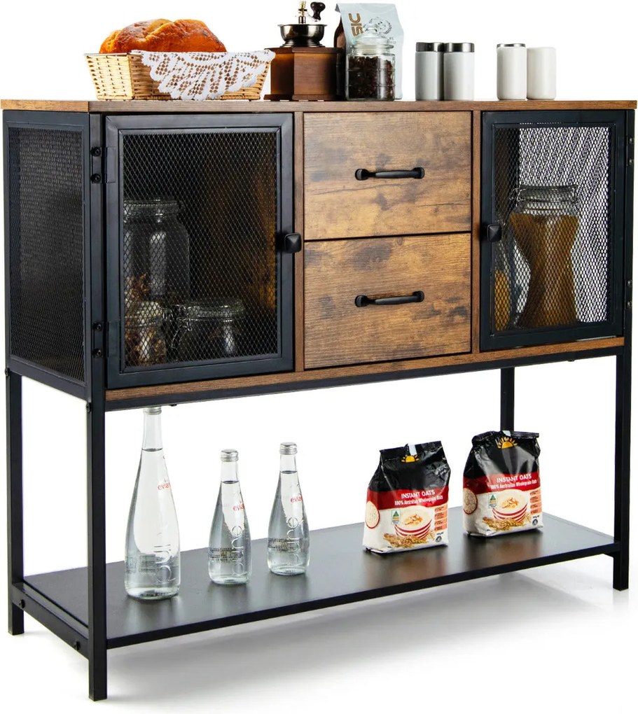 Aparador Industrial "ULRIK" 100x35x85 cm – 2 Armários, 2 Gavetas e Pra
