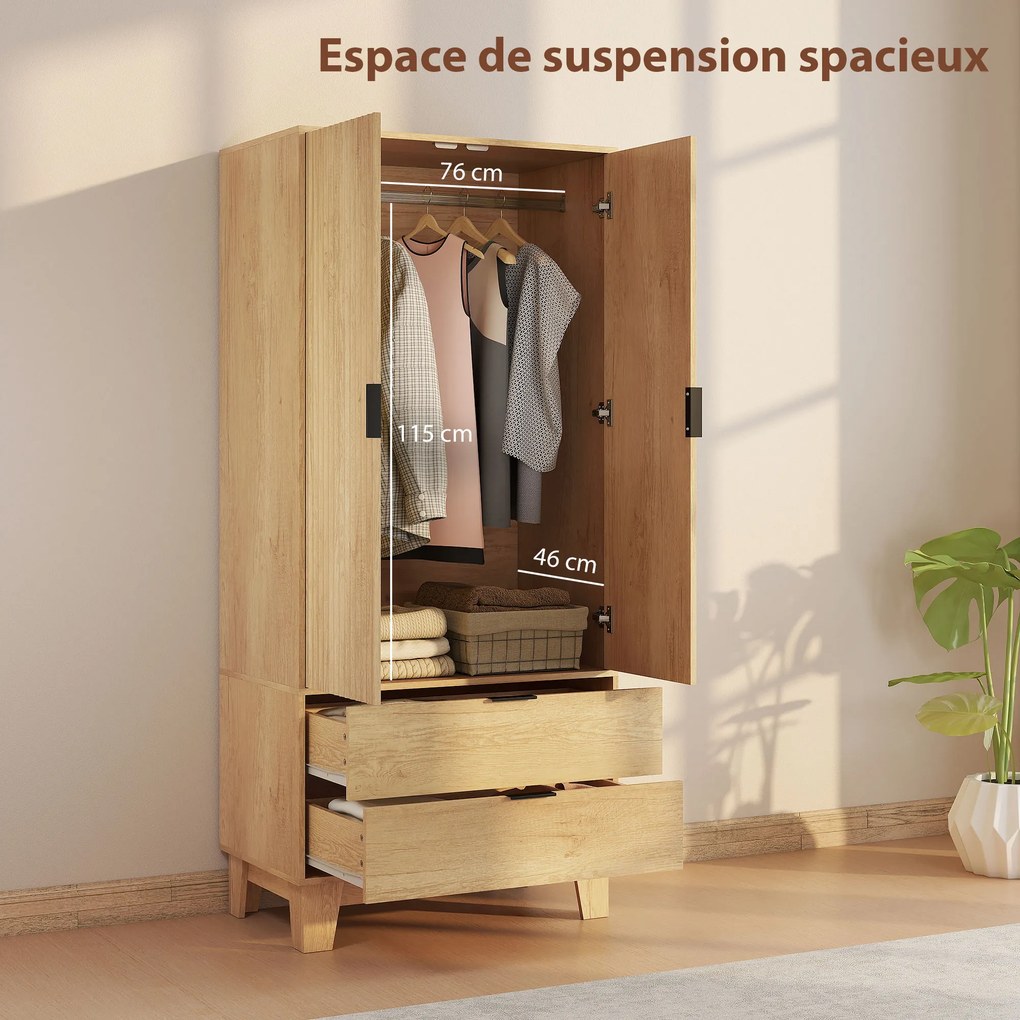 Guarda roupa de quarto 80 x 50 x 180 cm com 2 portas com fecho suave, 2 gavetas e barra para pendurar roupa, madeira natural