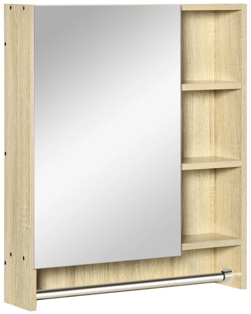 kleankin Armário de Casa de Banho com Espelho com 1 Porta Prateleira Ajustável Toalheiro e Compartimento 60x15x70 cm Carvalho