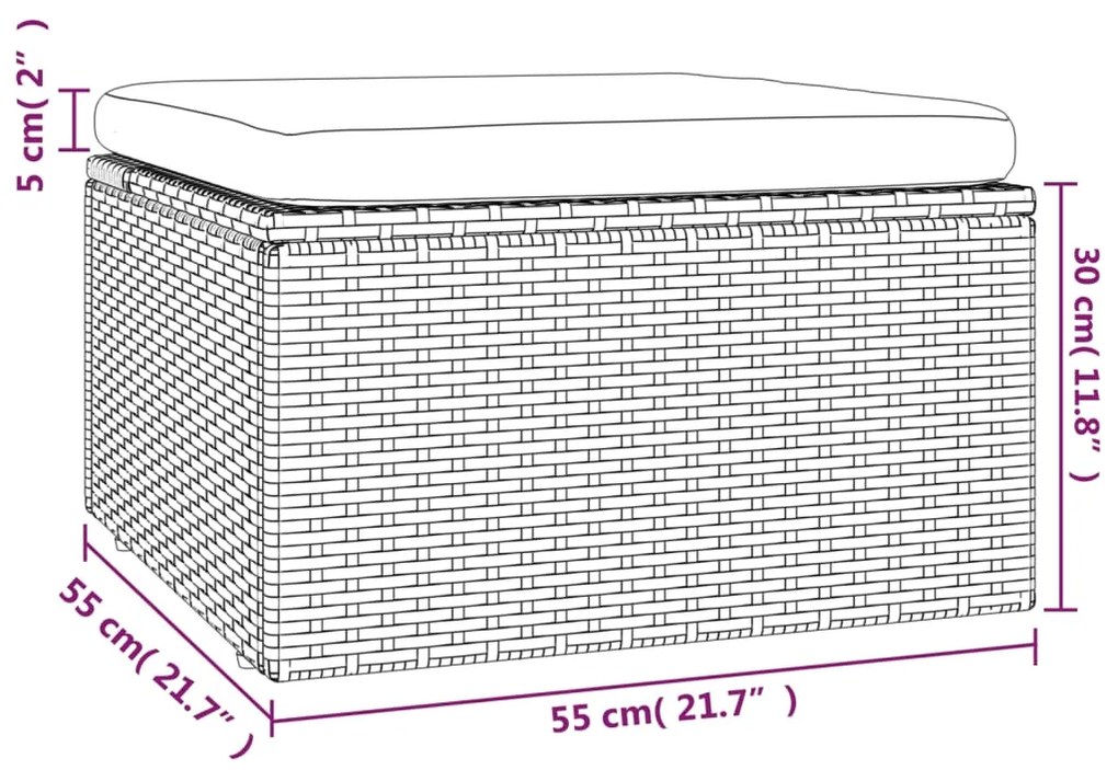 Apoio de pés p/ jardim com almofadão 55x55x30 cm vime PE cinza