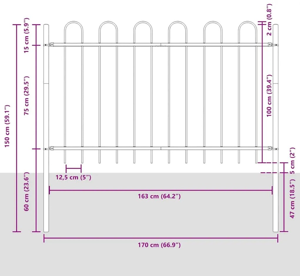 Cerca de Jardim Branca com Topo Arqueado, 8,5x1 m, Aço