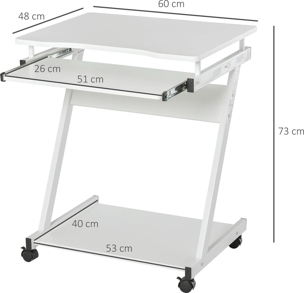 Mesa de Computador com Rodas 60x48 cm com Gaveta Deslizante para Teclado e Prateleira Inferior Estrutura Metálica Branca