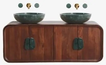 Conjunto De Móvel De Casa De Banho Dupla Suspensa 130x45 Cm Em Madeira De Manga E Pedra Natural Kivalina Sem Espelho & Mármore Verde Udaipur - Madeira