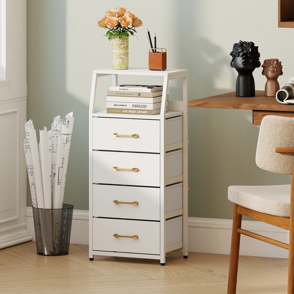 Cómoda de 4 Gavetas, 40,5 x 29 x 94 cm, Gavetas de Tecido Removíveis, Branco