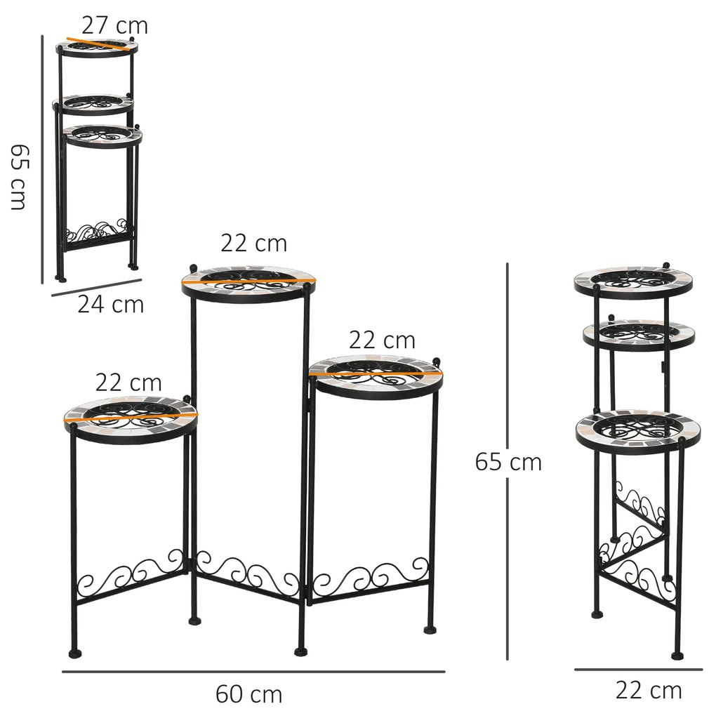 Suporte de Metal para Plantas Dobrável Suporte para Flores com 3 Prateleiras com Bordas de Azulejo para Decoração de Interiores e Exteriores 60x22x65c