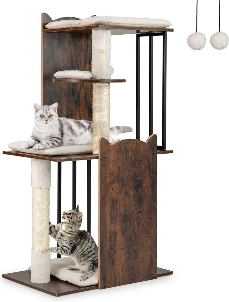 Arranhador Torre para gatos para gatos 60 x 40 x 112 cm de interior de madeira para gatinhos com postes para arranhar de sisal Bolas pendentes Almofad