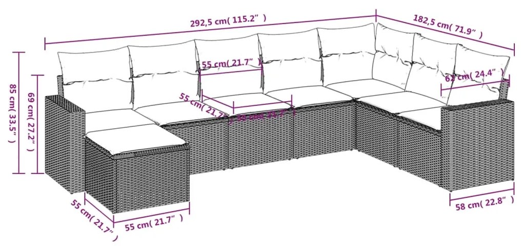 8 pcs conjunto sofás de jardim c/ almofadões vime PE castanho