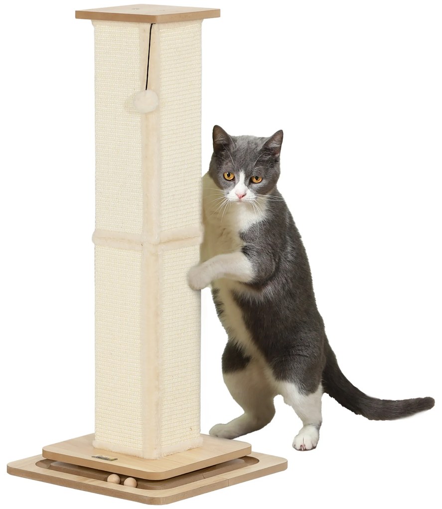 Poste Arranhador para Gatos 87 cm Arranhador para Gatos com Bola Suspensa Trilho com Bola e Poste de Sisal Bege e Madeira