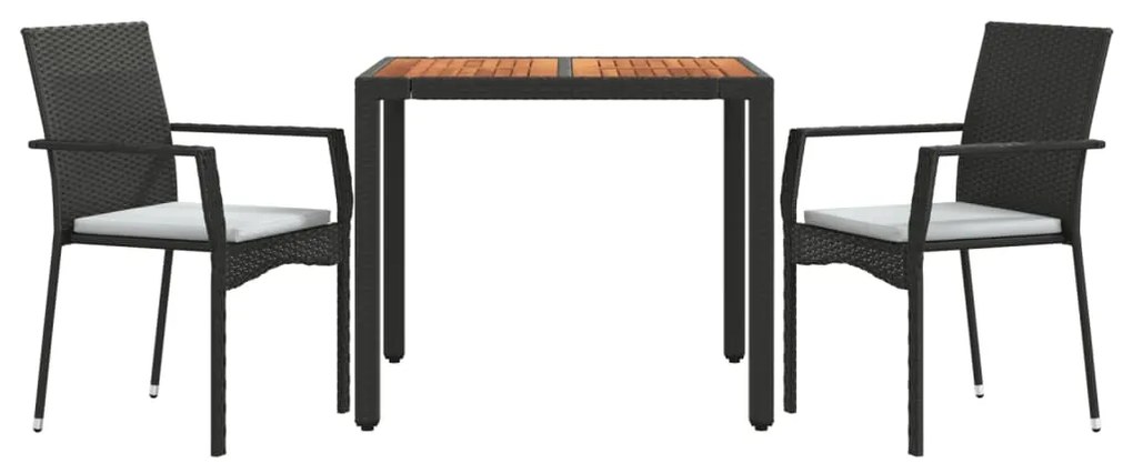 3 pcs conjunto de jantar p/ jardim c/ almofadões vime PE preto
