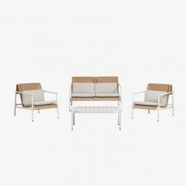 Conjunto De Jardim Com Sofá De 2 Lugares, 2 Poltronas E Mesa De Centro Em Alumínio E Rattan Sintético Duroli Branco Glacial - Sklum