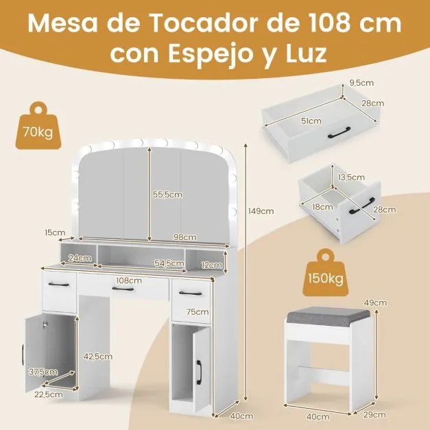 Toucador com espelho e luzes 108 x 40 x 149 cm com banco e Estação de carregamento 3 cores de luz 3 gavetas 2 armarios para quarto Branco