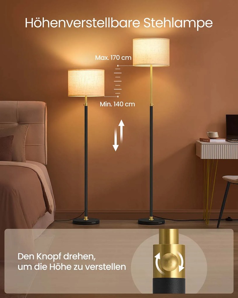 Candeeiro de pé com altura ajustável e abajur em tecido 30 x 30 x (140-170) cm dourado + preto