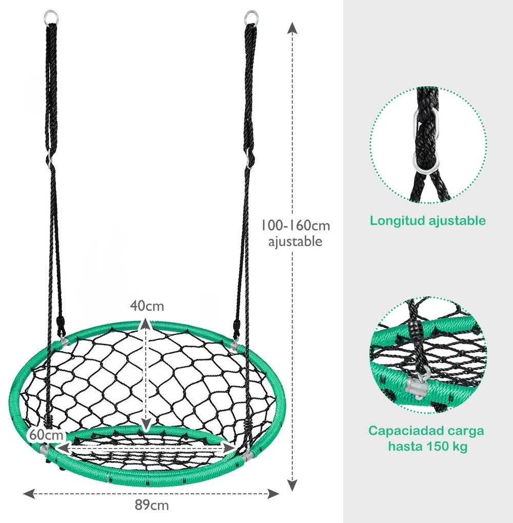 Baloiço Infantil com Cordas Ajustáveis Exterior Pátio Jardim 89 x 100-160 cm Verde