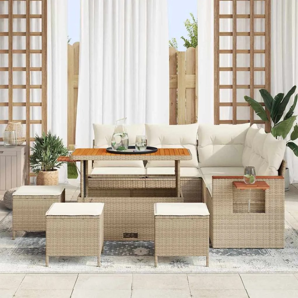 Conjunto de Sofá de Jardim de 9 Peças com Almofadas Bege em Rattan Pol