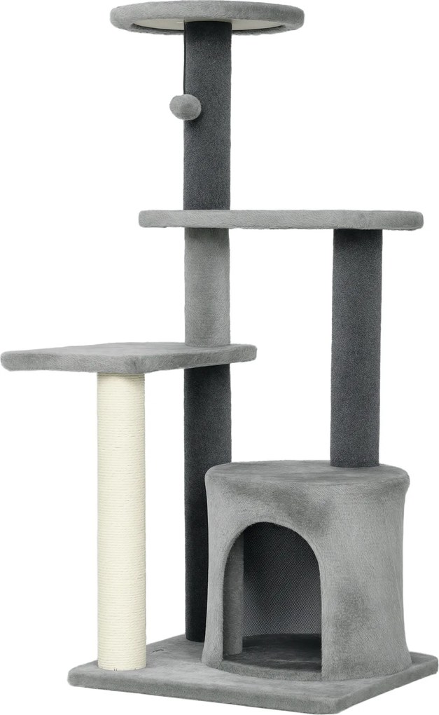 PawHut Árvore para Gato Altura 103 cm, Plataformas, Casinha em Pelúcia, Bola de Pelúcia, Postes em Sisal, Base Reforçada, Cinza | Aosom Portugal